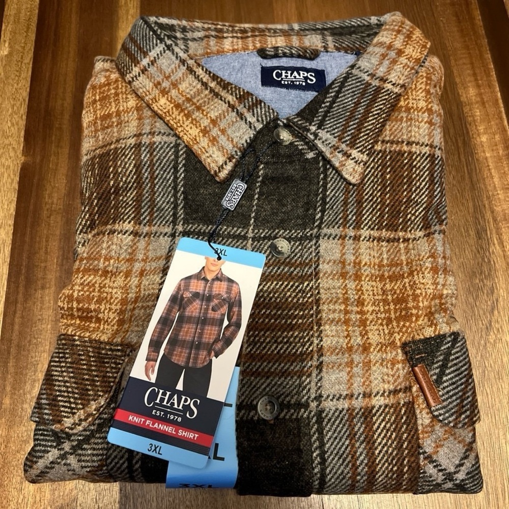 SIZE 3X Chaps Men's Knit Flannel Shirt - Brown